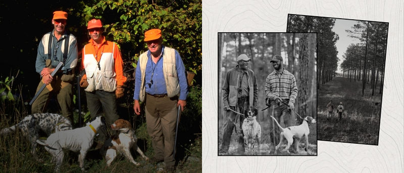 A three image collage of men in hunting attire in the outdoors.