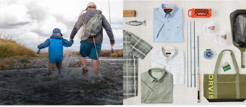 A two image collage of a father and child wading through a river on the left and A collection of men's gifts including a Helios fly rod and a variety of shirts on the right.