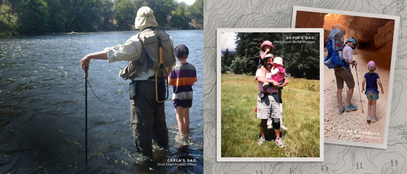 An image collage of a father and child wading in a river as well as other fathers and children having fun outside.