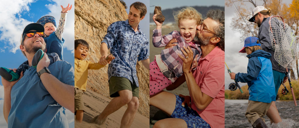 A photo collage of 4 images showing fathers connecting with their children in the outdoors.
