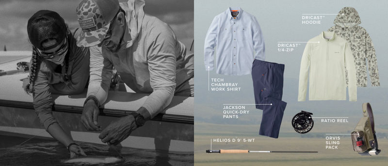 A two image collage, on the left a man helps a teenager unhook her fish off the side of a boat. On the right, a hazy landscape of rising hills with images of products laid on top including callouts saying: Tech Chambray Work Shirt, DriCast Hoodie, DriCast 1/4-Zip, Helios D 9' 5-WT, Jackson Quick-Dry Pants.