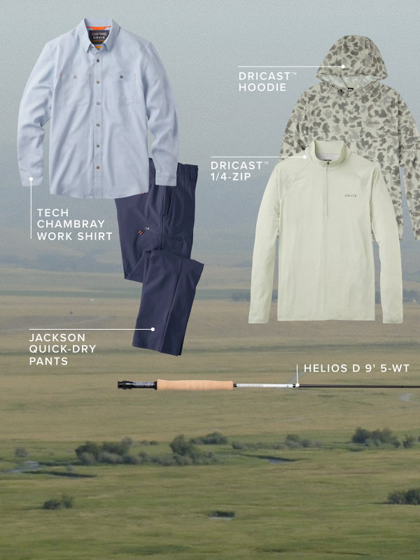 A hazy landscape of rising hills with products laid on top with callouts saying: Tech Chambray Work Shirt, DriCast Hoodie, DriCast 1/4-Zip, Helios D 9' 5-WT, Jackson Quick-Dry Pants.
