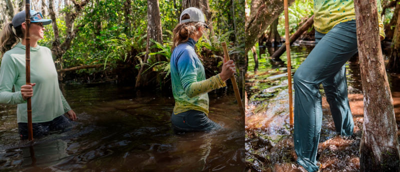 A split image of people picking their way through a swamp.