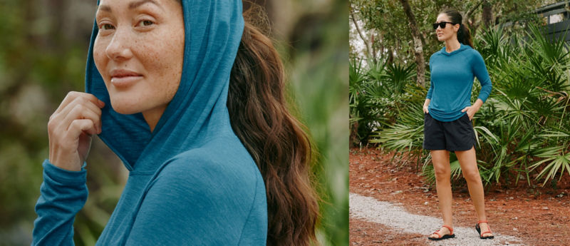 A split image showing a woman outdoors wearing a blue sun protective hoodie from more distant and detailed views.
