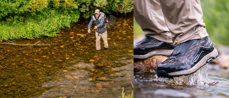 A split image: of an angler casting in a rocky river and a detail shot of the angler's wet wading shoes.