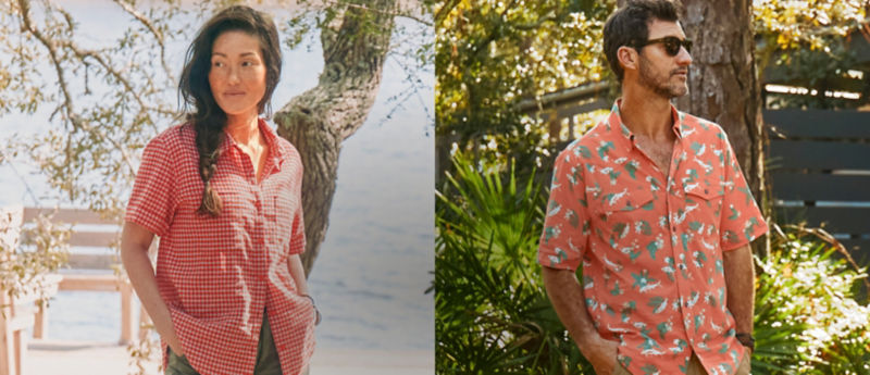 A split image, one side a woman, the other side a man, both standing in a tropical forest wearing Orvis button-down shirts.