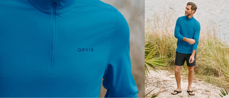 A split image of a man wearing Sun Protection clothing on the beach and a detail shot of his sun protective shirt.