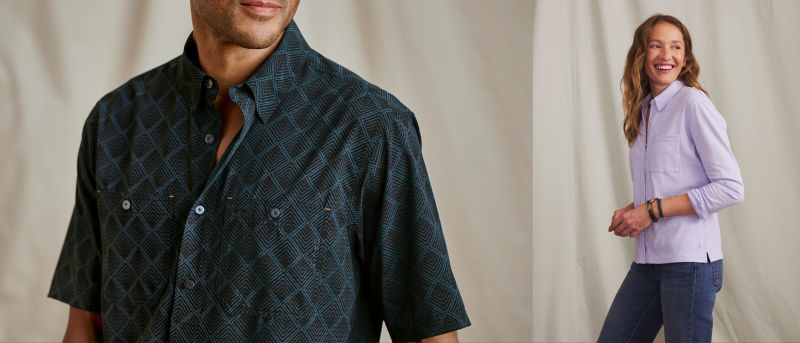 A two image collage: on the left a man wearing a geometric patterned button-down and on the right, a woman wearing a lavender knit button-down with blue jeans.
