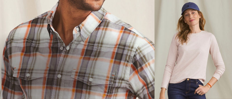 A two image collage: on the left a man wearing a plaid button-down and on the right, a woman wearing a cream long-sleeve t-shirt with blue jeans.