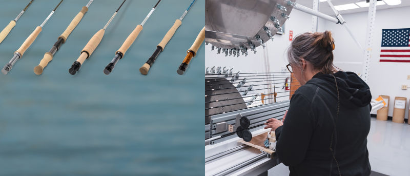 A dual image collage of lined up fly rods over a blurred water background on the left and an Orvis rod shop employee working on a fly rod on the right.