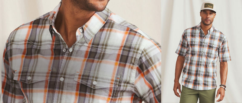 A two image collage of a model wearing a brown and orange plaid shirt with baseball hat and olive green pants.