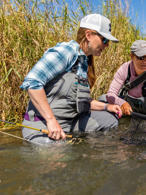 Two anglers kneel in the water to net their fish.