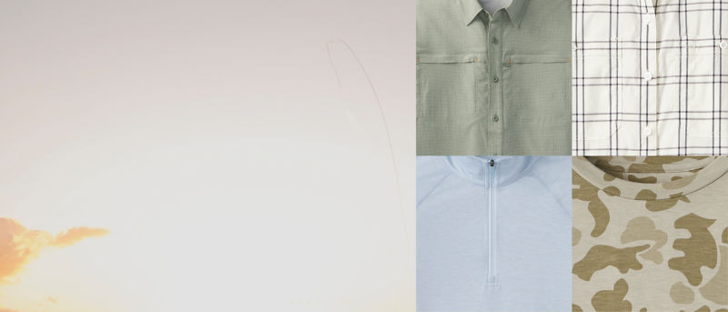 Four close-up images in a collage showing the details of four different sun protection shirts.