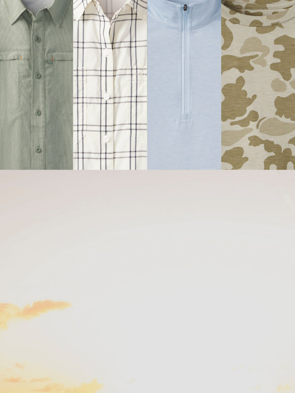 Four close-up images in a collage showing the details of four different sun protection shirts.