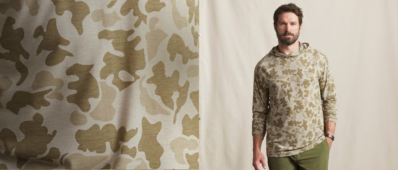 A two-image collage of A model wearing an olive camo Men&rsquo;s DriCast Hoodie on the right and a detail of the hoodie's fabric on the left.