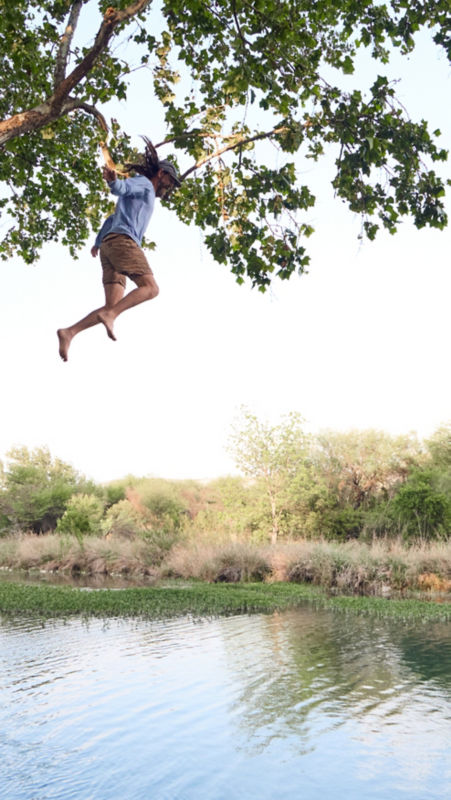 A person jumping from a high tree branch into a slow-moving river.