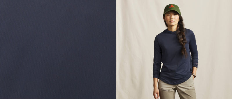 A two-image collage of A model wearing a navy Women&rsquo;s Sun Defense Hoodie on the right and on the left a close-up to the hoodie's fabric.