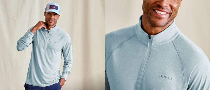 A two image collage: on the left, a torso view of a model wearing light blue long-sleeved quarter zip performance shirt with hand on collar and on the right a close-up of the fabric on the quarter-zip.