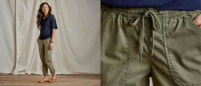 A two image collage: on the left a model wearing a short-sleeved collar tee over olive pants and on the right, a close up image of the details of olive explorer pants.