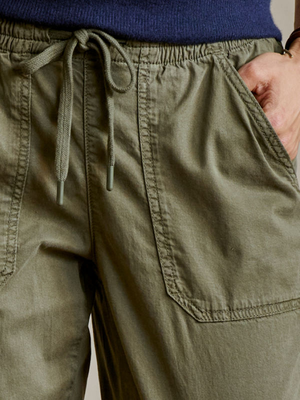 A close up image of the details of olive explorer pants.