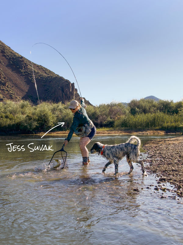 Jess Suvak stands in a shallow river netting a fish while her dog walks beside her in the water.