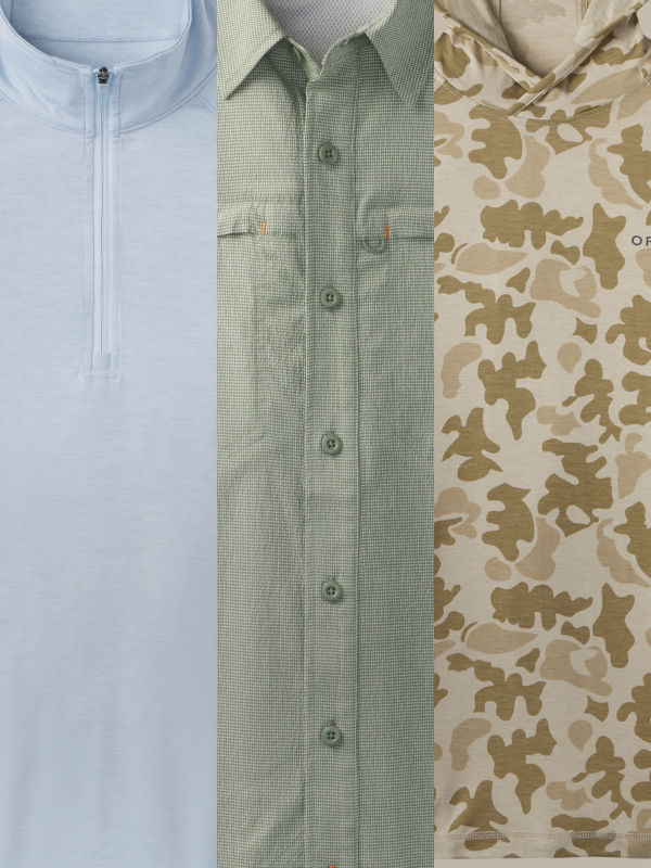 A selection of 3 UPF shirts side by side and close in to show the detail.