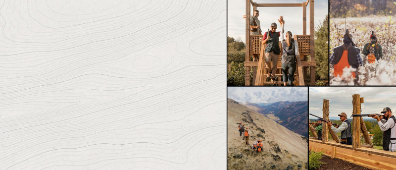 4 hunting images in a grid that show hunters in the field and at target shooting range venues.