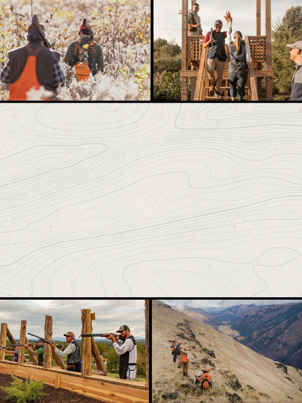 4 hunting images in a grid that show hunters in the field and at target shooting range venues.