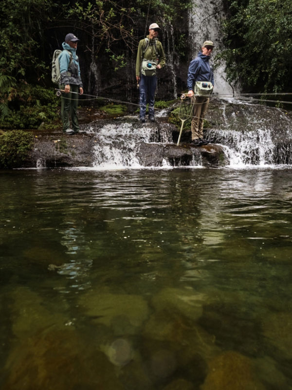 Three anglers stand together on rocks near a small waterfall fly fishing. The setting is a lush, green forest with clear water and visible stones beneath the surface. 
