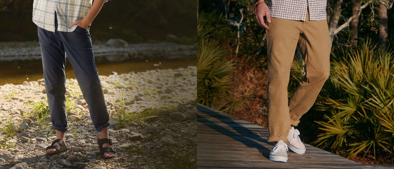 Two side by side waist-down images of a person outdoors.