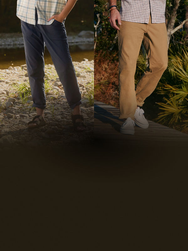 Two side by side waist-down images of a person outdoors.