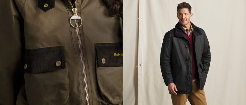 A two image collage with a closeup of a Barbour jacket on the left and a model wearing a different Barbour jacket on the right.