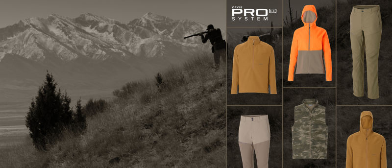 A hunter in the mountains at ready with a selection of hunt clothing.