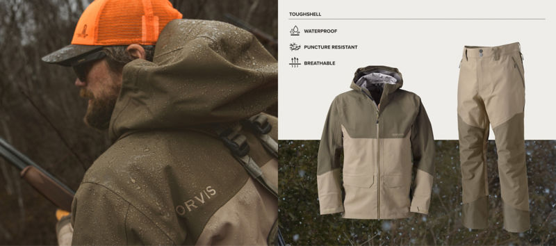 A three image collage of 1. a close-up of a hunter in the woods with rain beading up on his jacket, 2. The Toughshell jacket and pants in full, and 3. A blank background with the words Toughshell followed by words and symbols for Waterproof, Puncture Resistant, and Breathable.