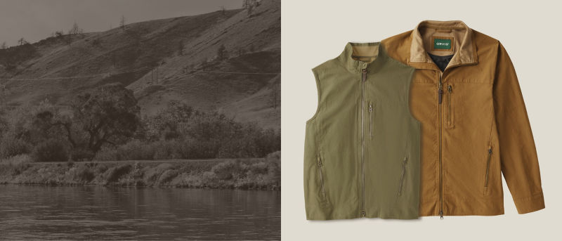 A gray-toned mountain and river landscape on the left with an olive green vest and brown jacket on the right.