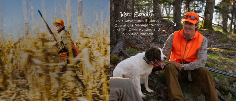 Reid Bryant, Orvis Adventures Endorsed Operations Manager & host of The Orvis Hunting and Shooting Podcast sitting with a dog in the woods on a hunt. the image includes a quote: &ldquo;The best bird hunts are made up of miles, tough terrain, and thorny cover. The Softshell collection goes the distance, keeping me comfortable and protected the whole way.&rdquo;