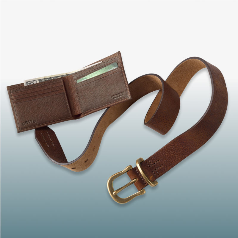 An open brown wallet and a brown belt laid over a blue gradient background.