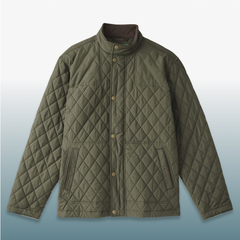 An olive quilted jacket laid over a blue gradient background.
