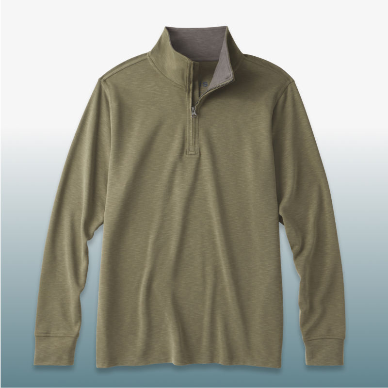 An olive quarter-zip sweatshirt laid over a blue gradient background.