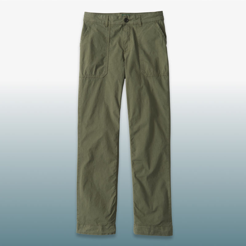 An olive pair of pants laid over a blue gradient background.