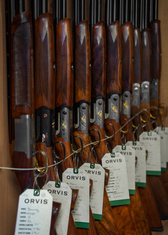  A collection of shotguns locked in an upright rack.