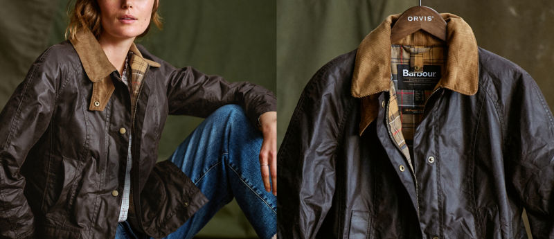Two images side by side: on the left a model wearing a brown jacket. On the right the same jacket on a hanger.