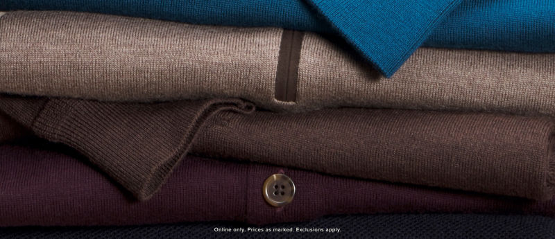 A close-up of the texture on a colorful stack of sweaters.
