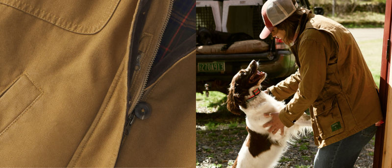 A two image collage: On the right a woman greeting an excited brown and white spaniel. On the left, a close-up of a the 1856 Field Coat in Field Khaki.
