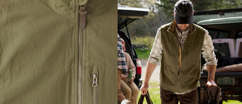 A two image collage: On the left, a man in a navy baseball cap wearing the Briar Vest over a plaid shirt carries gear from his truck. On the left a close-up of the Tarragon colored Briar Vest.