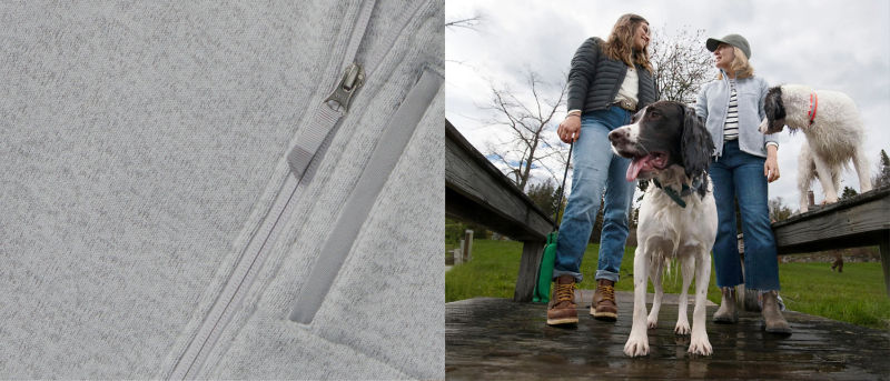 A two image collage: two women with two dogs stand on a wet wooden bridge outdoors on the left, on the right a close-up of the Light Gray Heather Women&rsquo;s R65&trade; Sweater Fleece Jacket.