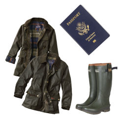 Grand Prize Package showing a passport, boots, and 2 Barbour Jackets.