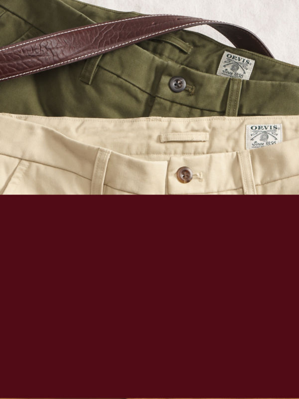 A split image of men's pants in three colors at the top and dark burgundy background on the bottom.
