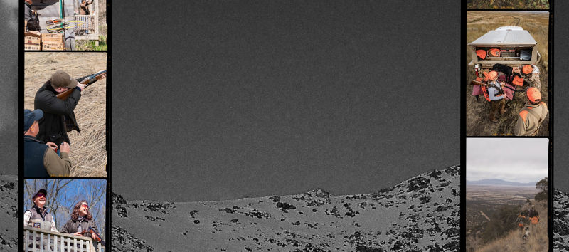 A grayed out image of a snowy mountain landscape with several inset vertical images of people shooting or hunting on either side.