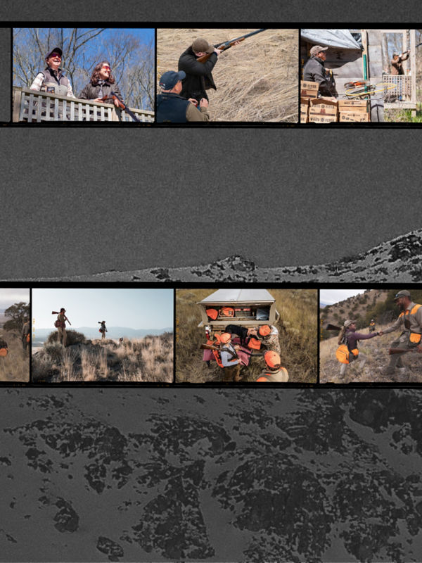 A grayed out image of a snowy mountain landscape with several inset side by side images of people shooting or hunting.